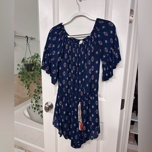 Surf Gypsy Navy Floral Off-Shoulder Short Romper with Tassel Tie